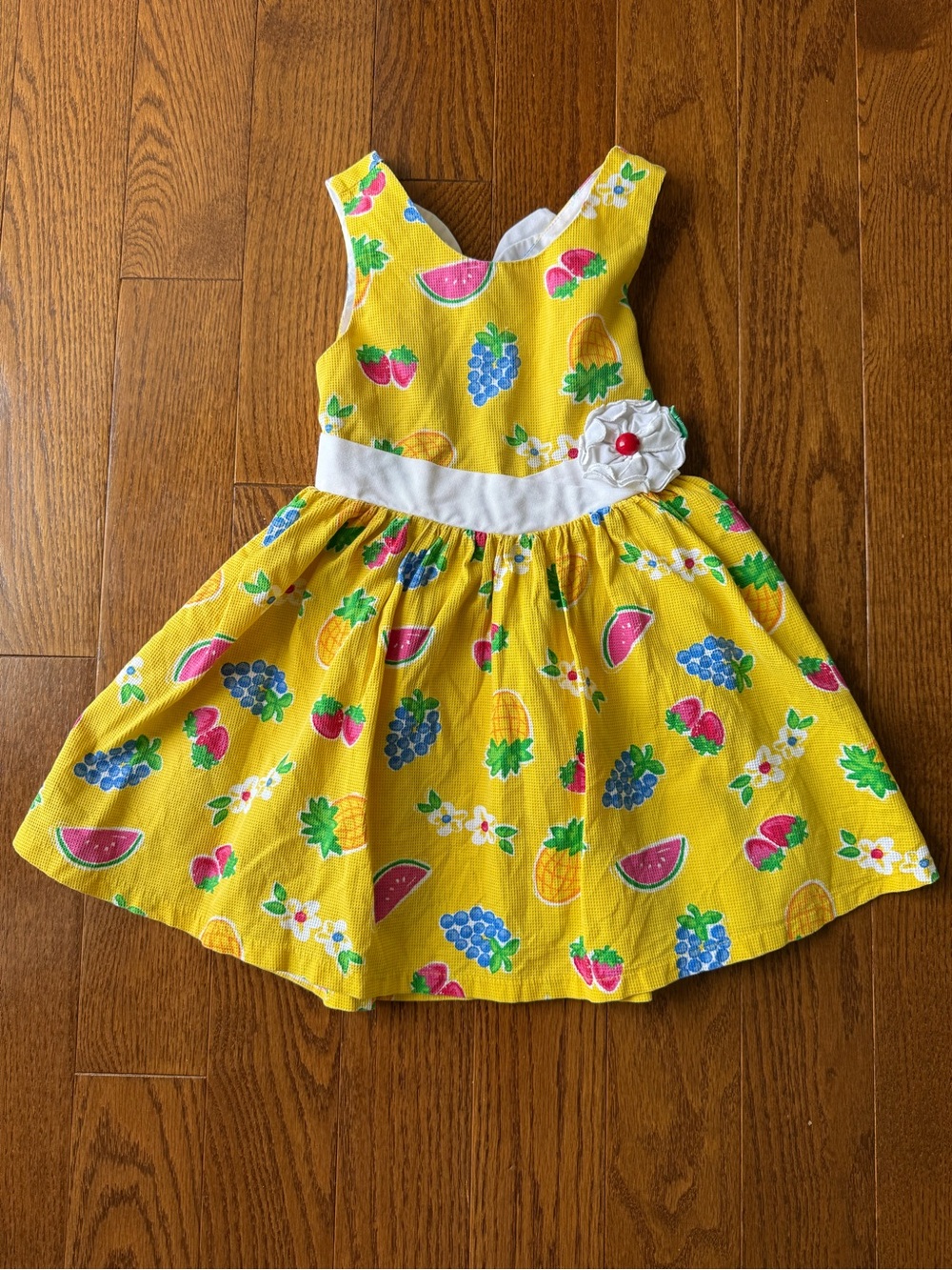 Girls' Yellow Fruit Print Sundress with White Waistband